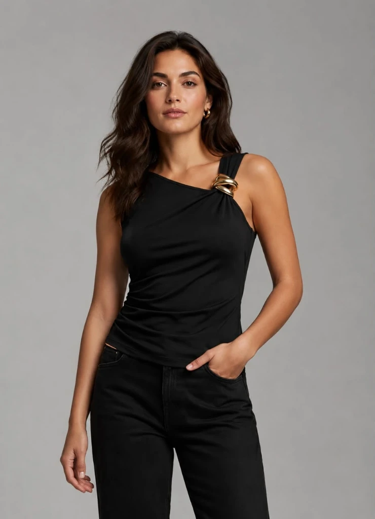 Black sleeveless top with gold detail (M)