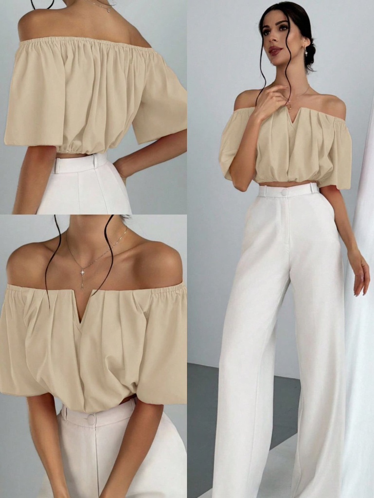 Beige Off-The- Shoulder Short-Sleeved Loose Top (S)