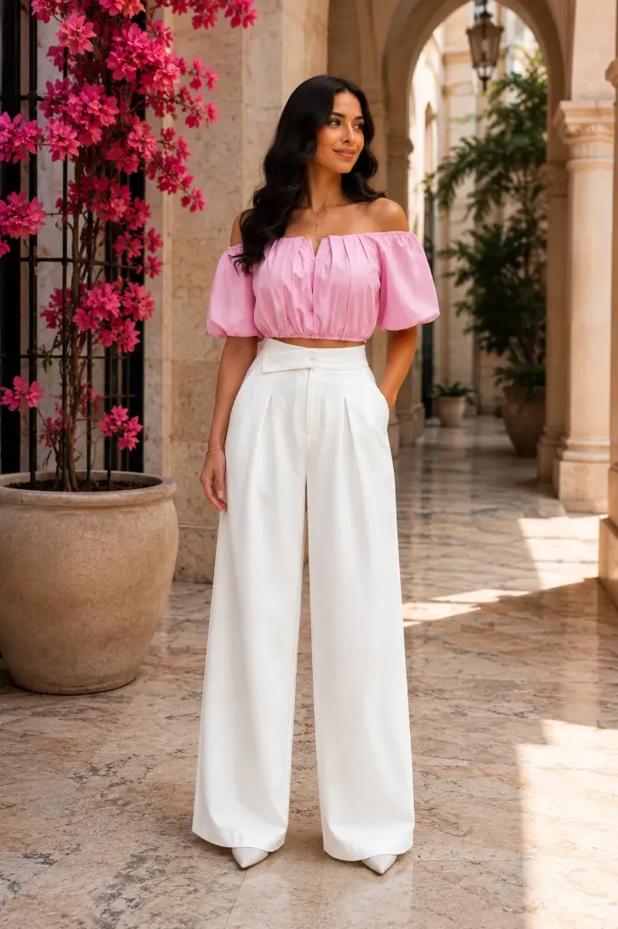 White- Wide Leg Pants with a high waist (L)