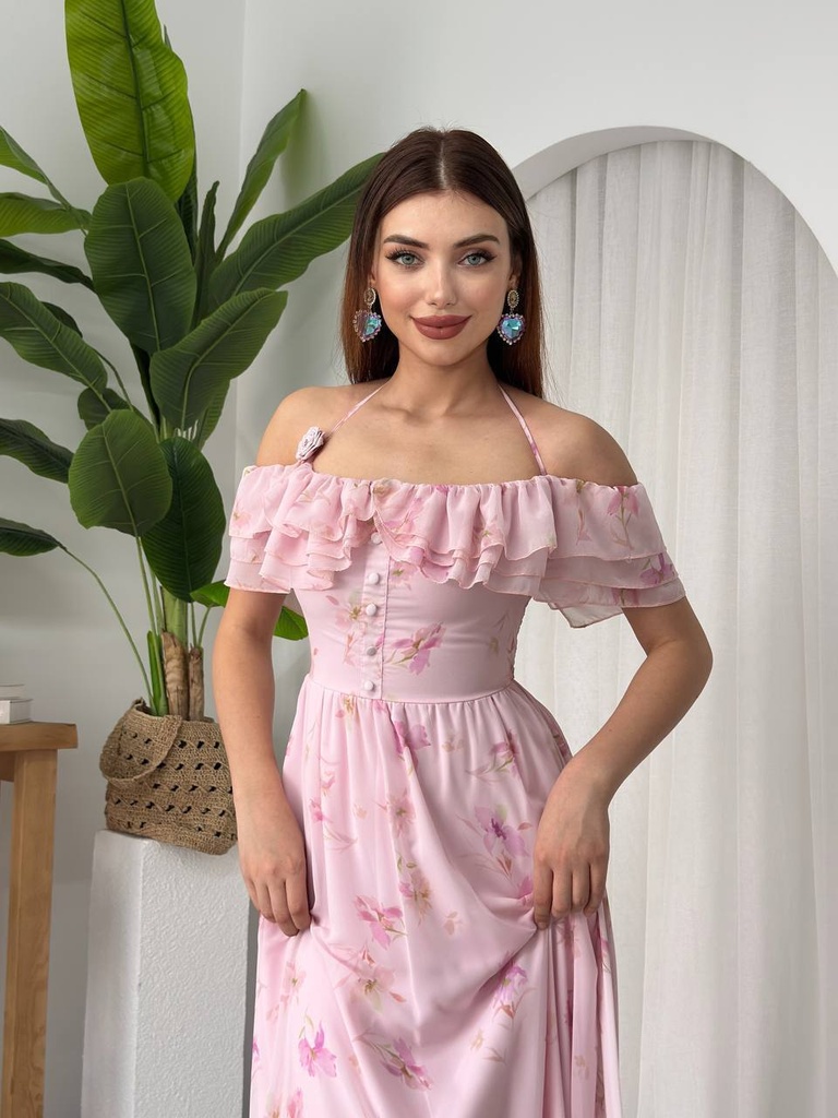 Pink Floral Halter Dress (M)