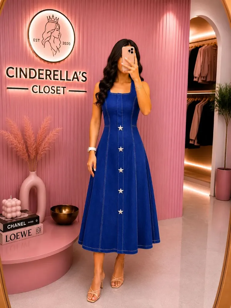Denim Star Button Midi Dress (S)