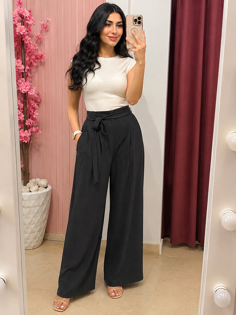 Black -Tie Waist Wide Leg Pants