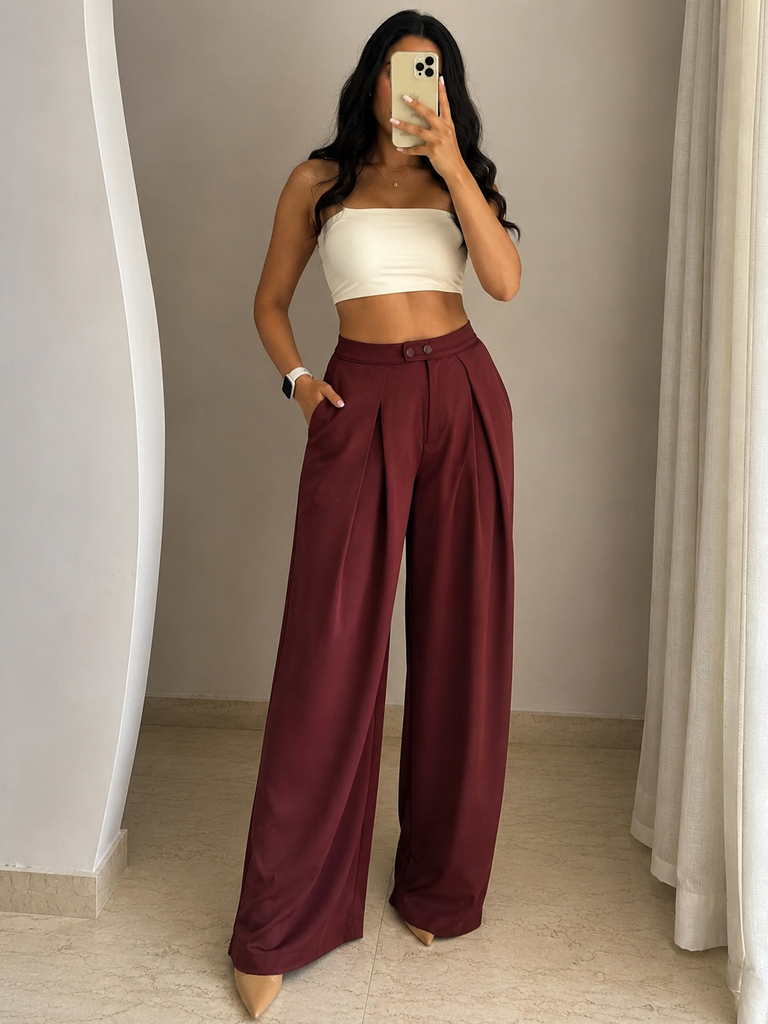 Burgandy Double-Button Wide Leg Pants (S)