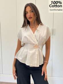 [XH331] Blouse V-Neck Wrap Apricot