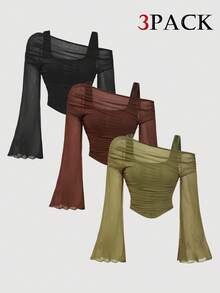 Top Multi-Pack Off-Shoulder Mesh (Olive S)